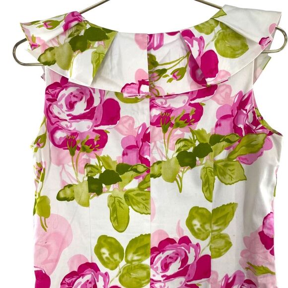 Sara Campbell Ruffled Collar Sheath Dress Size 8 Pink Garden Print Knee Length - Picture 3 of 8